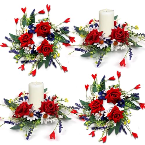 Image of 4 Pcs Veterans Day Red White and Blue Candle Rings 3 Inch Patriotic Pillars Candle Wreaths Mini Floral American Wreath 4th of July Independence Day Rings Wreaths for Table Window Door Decor