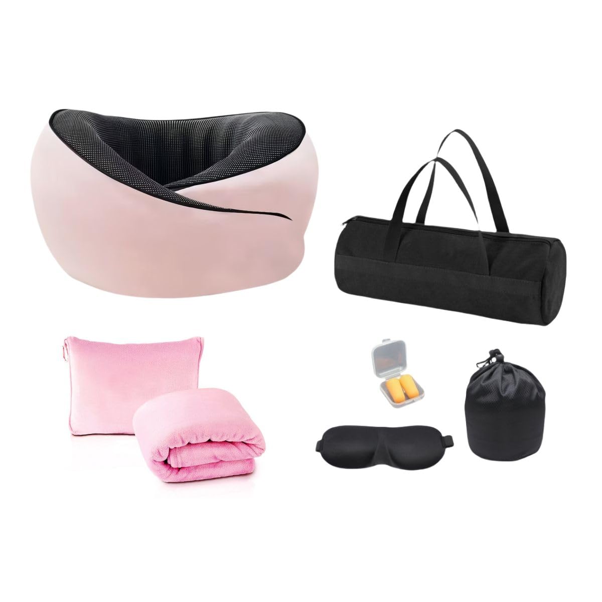 Reisekissen - Ergonomisches Nackenkissen aus Memory-Schaum für Reisen, kompaktes & verstellbares Flugkissen mit Augenmaske, Ohrstöpsel, Decke, Aufbewahrung & Tragetasche, kompaktes Reise-Set (Rosa)