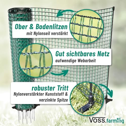Foto von VOSS.farming 20m Gartennetz, Universal Begrenzungszaun, 80cm, 12 Pfähle, dunkelgrün, Hundezaun Campingzaun Beetschutz