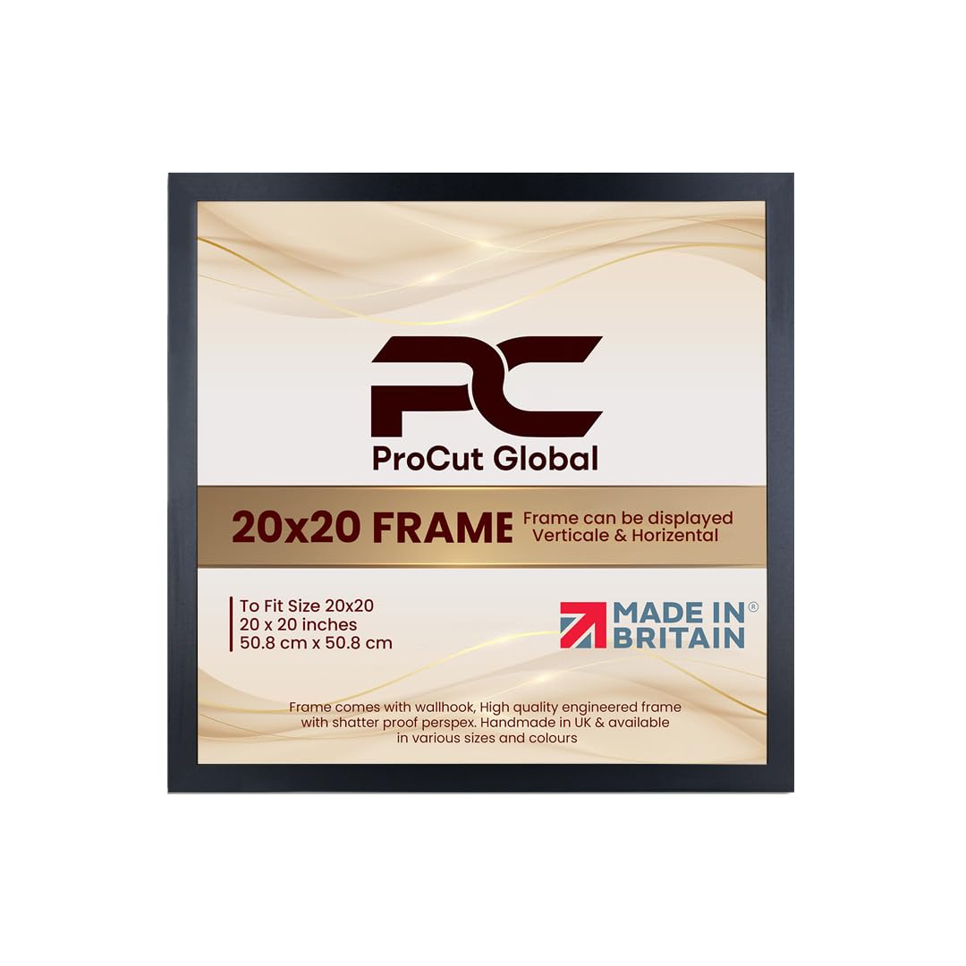 Procut Global 20X20 Matt Black Picture Frames - Modern Wooden Photo Frame with Shatterproof Perspex for Wall or Tabletop - Perfect for Posters, Certificates, Prints - Sizes & Colors Available
