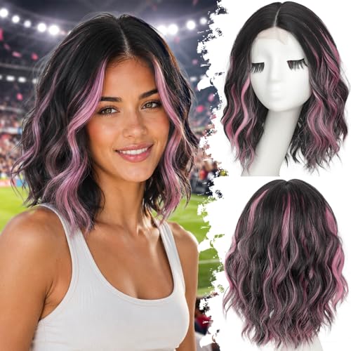 Image of Eawwii Wigs for Women Black Mix Pink,Short Wavy Synthetic Lace Wig | Glueless 4x1 Lace Hairline, Heat-Resistant Fiber,Bob Wave Style,Natural Appearance for Everyday Cosplay 14 Inch