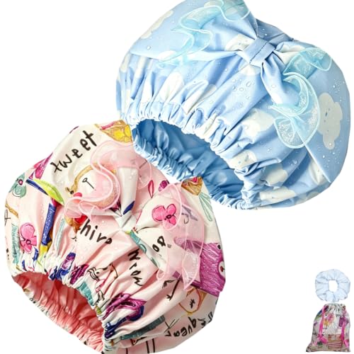 Genergy 2Pcs Satin Lined Large Shower Cap for Women Set with Bag & Scrunchy