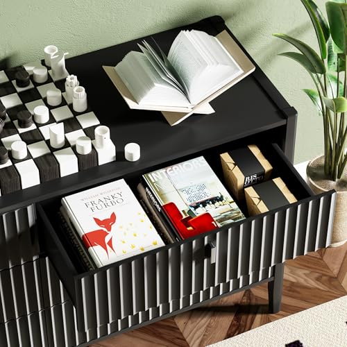 Image of Furniway Black 6 Drawer Dresser, Modern Wide Dresser for Bedroom, Fluted Wood Chest of Drawers with Metal Handles for Clothes, Storage Cabinet for Living Room, Entryway, Office