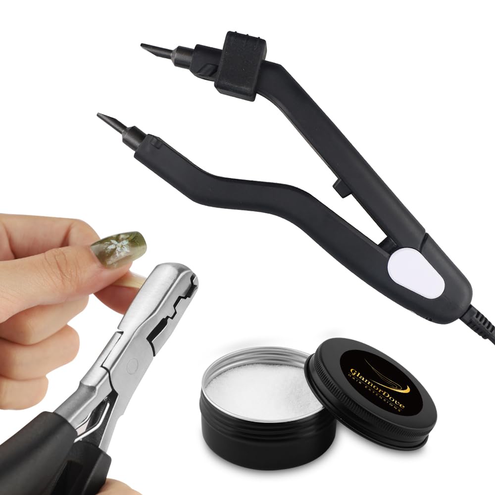 Hair Extension Tool Kit Hair Connector with 20g Keratin Glue Powder Pre-Bonded Fusion Bond Crusher Wand for C/U/I/Flat Tip Keratin Extensions Melting Heat Iron