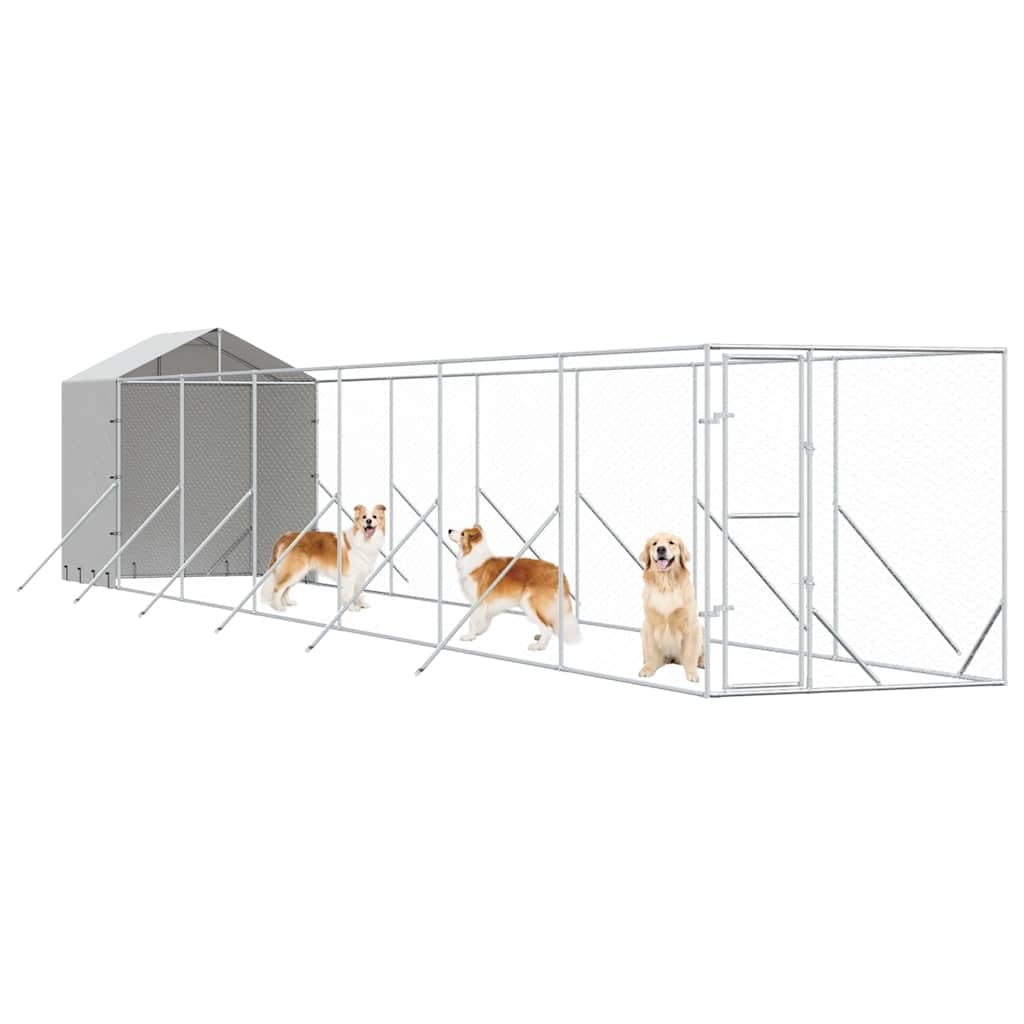 Perrera para perros al aire libre con techo plateado, 2 x 14 x 2,5 m, acero galvanizado, resistente recinto para perros con puerta con cierre para una salida segura en el jardín y recinto
