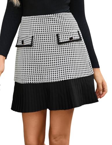 Damen Rock High Waist Faltenrock Tweed Karo Minirock Kurz Karierter Freizeitrock Elegant Mini Short Skirt Taschendekoration Schwarz-weißer Tweed Karo XL