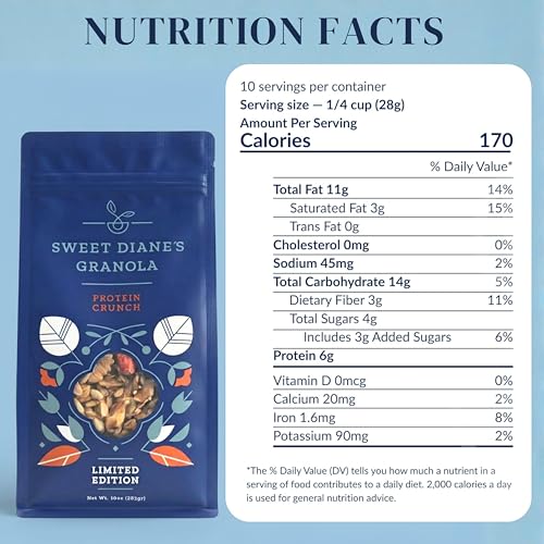Image of Sweet Diane's Granola - Standard Size (10 oz): Organic, Low-Sugar, High-Fiber, Gluten-Free, Vegan, Delicious Breakfast and Snack Topper (Classic Size, Protein Crunch)