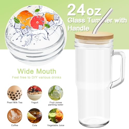 Glass Cups with Lids Straws 2Pack 24oz Mason Jar Tumblers Cup with Handle Wide Mouth Iced Coffee Cup Reusable Drinking Glasses Travel Mug for Smoothie Beer Juice Tea Gifts Clear