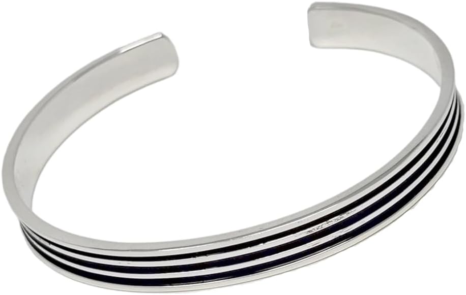 Men's Solid 925 Sterling Silver Bangle, Triple Enamel Lines Silver Cuff Bracelet for Men