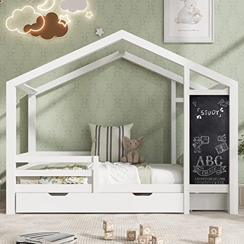 Lit pour enfant 90 x 200 cm, en bois, avec tableau et 2 tiroirs, en bois massif avec clôture et sommier à lattes, blanc (sans matelas) Lit pour enfant 90 x 200 cm, en bois, avec tableau et 2 tiroirs, en bois massif avec clôture et sommier à lattes, blanc (sans matelas)