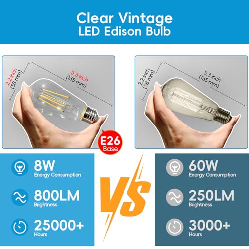 Image of Jensense Edison Bulbs E26 LED Bulb 60 Watt Equivalent, Vintage LED Light Bulbs CRI90+ ST19, Dimmable Clear Light Bulbs (2700k Warm White, 8watt-8 Pack)
