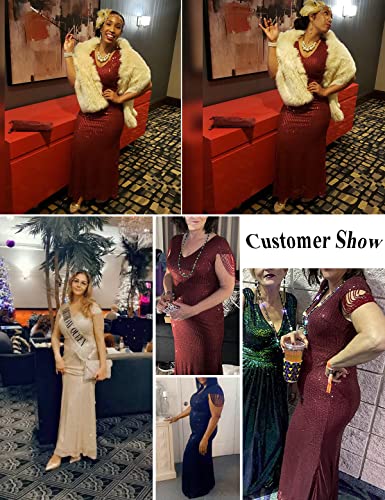 Women 1920S Formal Dress Tassels Sleeve Sequins Gatsby Maxi Evening Gown (M, Beige) #TOP2