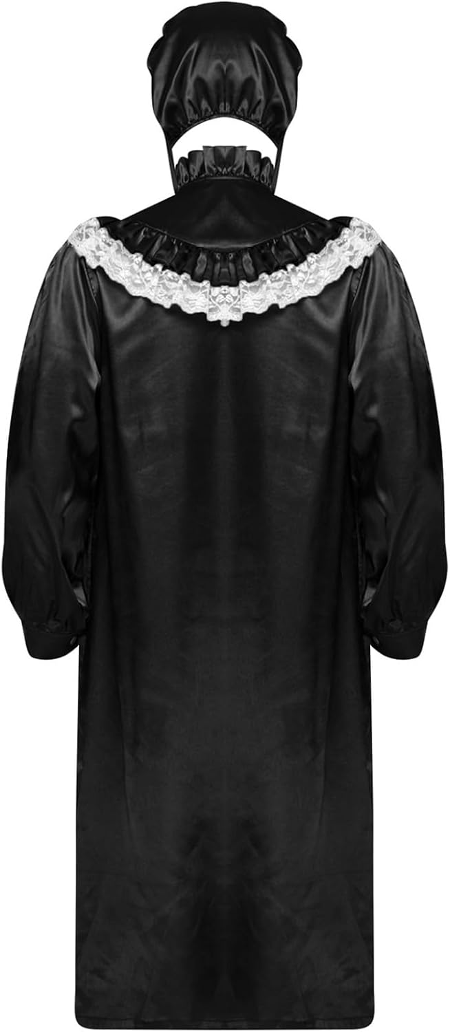 2 Pcs Victorian Nightgown Pajama Set for Men Satin Nightshirt with Bonnet for Halloween