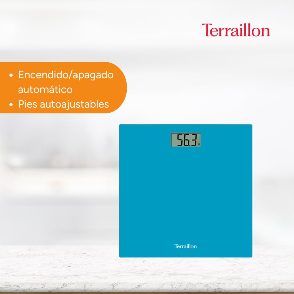 TERRAILLON - Báscula de baño electrónica - Ultraplana, Encendido/Apagado automático, Gran pantalla LCD, 150kg - TX1500, Azul
