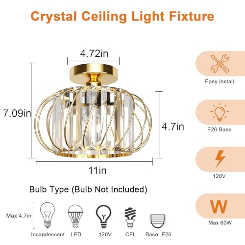 Image of Gold Crystal Ceiling Light Fixture - Small Crystal Chandelier Semi Flush Mount Ceiling Light Modern Hallway Lights fixtures for Entryway Bedroom Porch Kitchen (11 Inch, Bulb not Included)