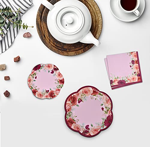 24 Disposable Tea Cups And Saucers Sets Floral Design 7" Flower Scallop Shaped Plates 24 5" Saucer Paper Plate 24 5 Oz. Tea Cup With Handle 48 Lunch Napkins For Spring Wedding Birthday Party Supplies #TOP6