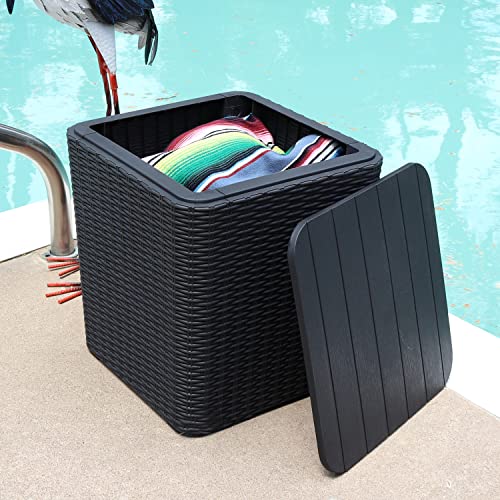 Sunnydaze Outdoor Side Table With Storage And Rattan Design - 11.5-Gallon Container With Tabletop - Stores Pillows, Cushions, And Other Patio Decor - Phantom Gray #TOP1