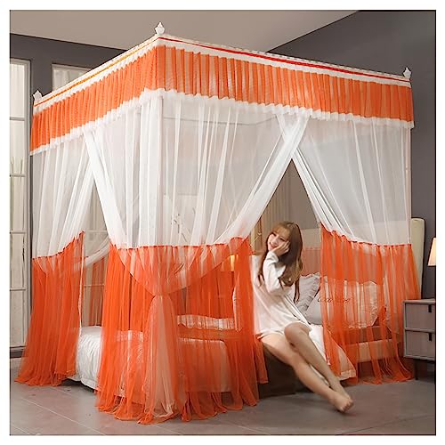 Princess Bed Netting Canopy for Girls Mosquito Net Bed Frame Curtain Brackets with Curtain 4 Corners Canopy Bed Frame Post Poles Aluminum Alloy,Orange,Queen