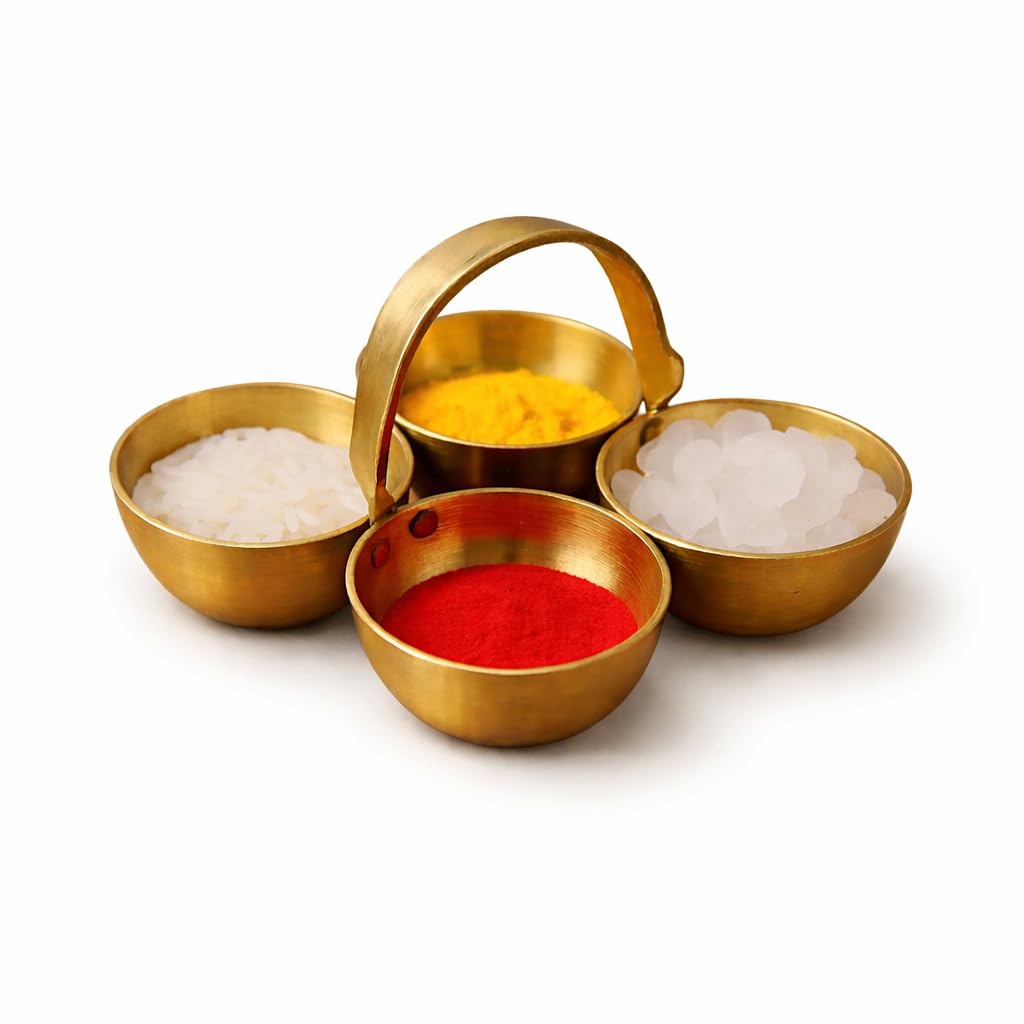 Traditional Brass Puja Chowmukh 4-Section Bowl Stand for Haldi, Kumkum, Rice, Elaichi & Mishri-image-36
