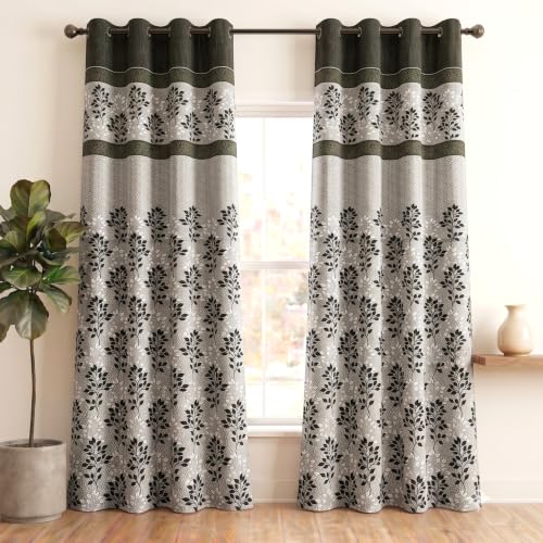 Image of Home Sizzler 2 Pieces Dual Tone Botanical Print Polyester Semi- Transparent Eyelet Door Curtains- 7 Feet, Green