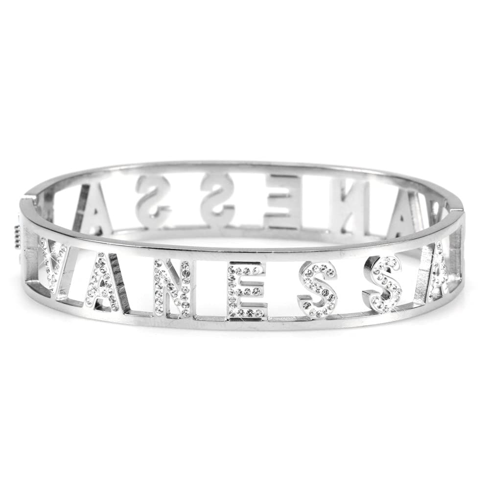 Flowers Bracciale Rigido Acciaio con Nome Vari e Zirconcini Sacchettino in tessuto Scritta nome ricoperta di strass Brillantissimi Bracciale a Manetta Donna Chiusura a molla Idea Regalo
