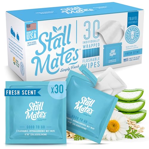 Image of Stall Mates - Flushable Wipes, Individually Wrapped, Travel Friendly, Scented with Cucumber, Vitamin-E & Oat, (30 on-the-go singles)
