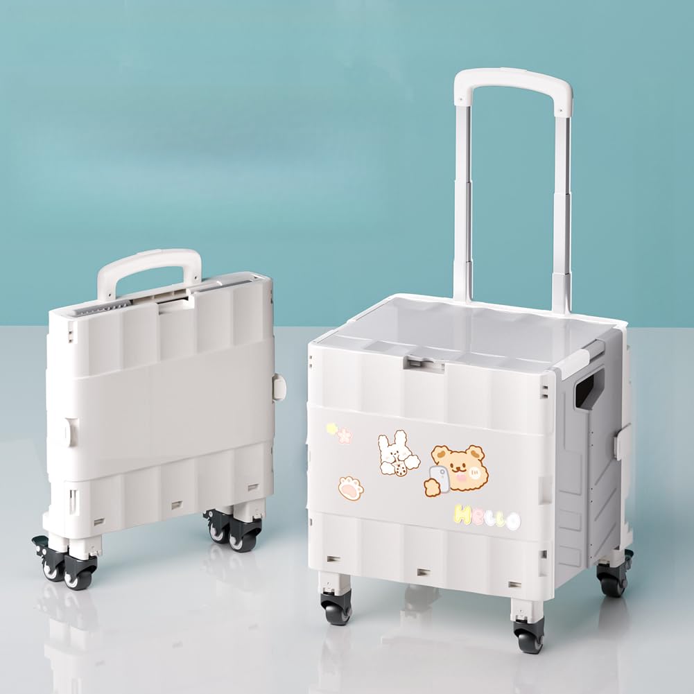 Crate on WheelsPortable Fing Utili Cart Handcart Shopping Trolley Fable Tool Box for Grocery Office La TeacherWhite