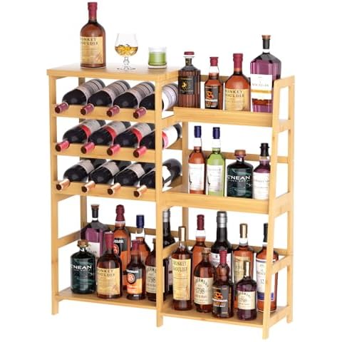 VASMIA Versatile Liquor Stand for Home Bar,Wine Rack Freestanding Floor,Mini Bar Table with Bamboo Trapezoidal Liquor Bottle Display Shelf Cabinet Bar for Living Room, Natural Cover