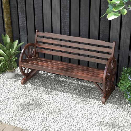 Image of Kinfant 55 inch Outdoor Wooden Wagon Bench with Wheel Armrest and Slatted Backrest for Backyard, Garden, Porch, Patio, Rustic Brown
