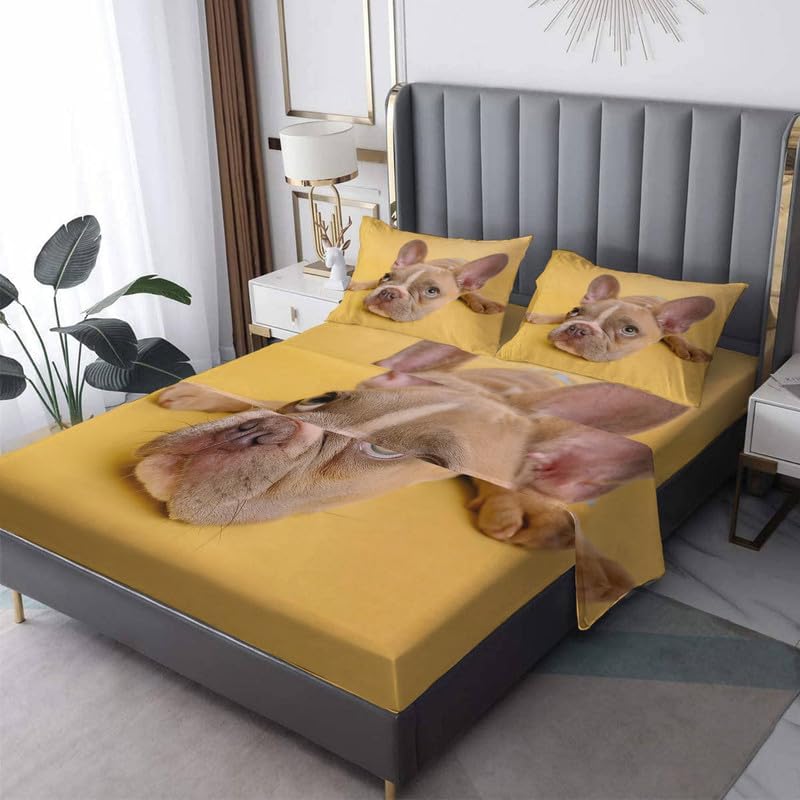 Sábanas de bulldog francés tamaño King  Sábanas de microfibra suave con bolsillo profundo y patrón sin arrugas, 4 piezas (1 sábana bajera, 1 sábana