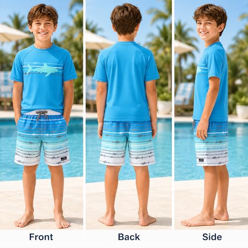 Image of Big Chill Boys Swim Set - 2 Piece Quick Dry UPF 50 Short Sleeve Rash Guard for Boys and Swim Trunks - Swimwear Set for Kids