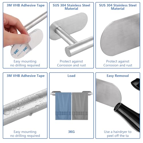 ASelected SUS 304 Handtuchhalter, 40 cm, Wandmontage, Selbstklebender Handtuchhalter, Edelstahl, für Küche, Badezimmer, gebürstete Oberfläche