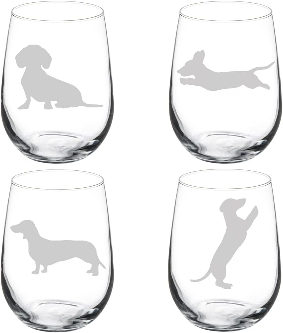 MIP Set of 4 Wine Glass Goblet Dachshund Collection (17 oz Stemless)