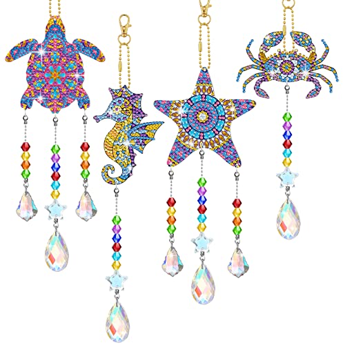 4 Pcs Diamond Painting Art Suncatcher Wind Chime 5D Double Sided Crystal Rhinestone Big Gem Diy Diamond Art Suncatchers Sea Animal Hanging Ornament With Chain Pendant For Adult Kid Craft Window Decor #TOP7