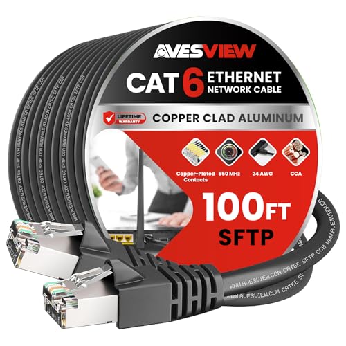 AvesView CAT 6 Shielded 100 ft Ethernet Cable Indoor High-Speed (SFTP) 10Gbps Shielded CAT 6 Ethernet Cable 100 ft for Internet Router Computer PlayStation Xbox POE Camera Printer Black