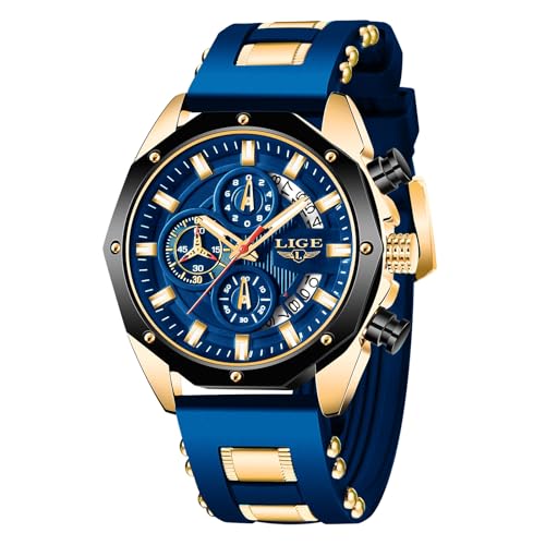 LIGE Reloj Analógico Hombre Elegante Analogico Caballero Clasico Vintage Mens Watches Cuarzo 3ATM al Agua Correa de Silicona Azul con Fecha Luminosa Negocio Relojes Pulsera Hombre, Dorado y Negro