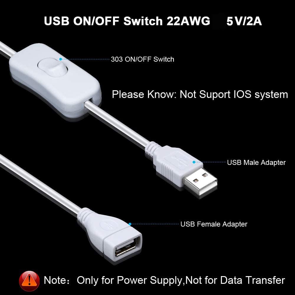 Cavo USB Con Interruttore On/Off – Maschio A Femmina, 28 Cm, 2A, Per Lampade LED, Ventole, Progetti Arduino (Bianco) - 4
