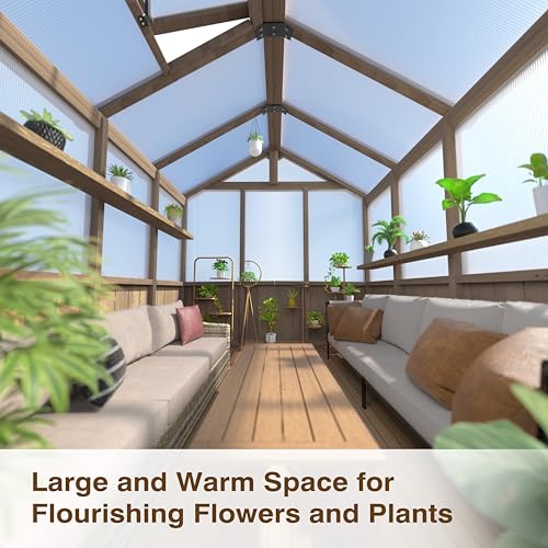Image of Mupater 6 x 8 FT Wooden Polycarbonate Greenhouse with Ventilated Window and Lockable Door, 6mm PC Panels for UV Protection, Walk-in Greenhouse Kit for Outdoor, Garden and Backyard, Brown