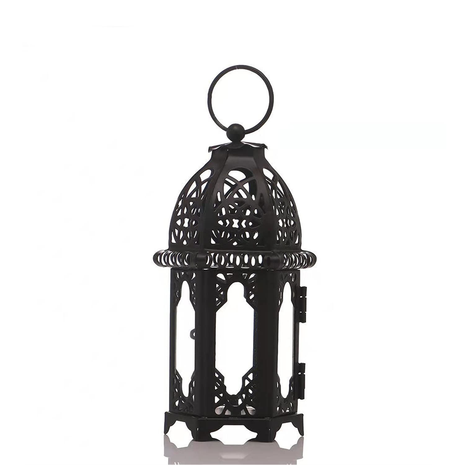 2 Pcs Moroccan Style Mini Lantern Tealight Holders，Ornate Morrocan Style Metal & Patterned Glass Tealight Lantern（Black）