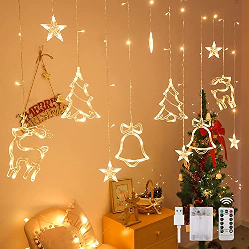FemKey LED Lichtervorhang, 3.5m 8 modi WeihnachtenLichter, USB/Batterie Umgebungslicht Fenster Lichterketten, Glocke, Elch, sbaummuster, für Weihnachten Party kinderzimmer Deko Innen Außen Cover