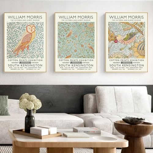 Peinture sur toile William Morris 50x70 cm sans cadre - Motif fleur, feuille et oiseau nordique