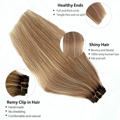Image of Clip in Hair Extensions Real Human Hair 7 Pcs Golden Brown Mixed 613 Blonde Highlights Human Hair Extensions Clip ins Medium Brown Roots Human Hair Clip in Extensions 16 Inch 70g, #4T12P613