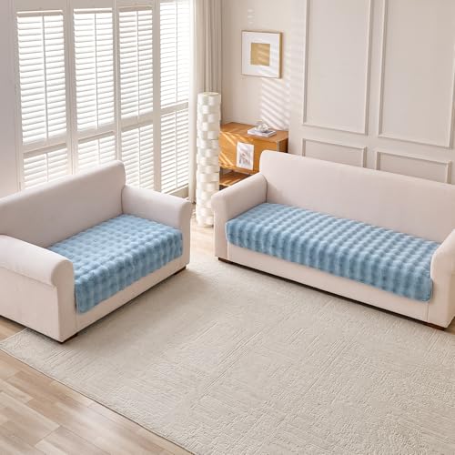 Image of HOKIPO 'FurHug' 3 Seater and 2 Seater Luxury Faux Rabbit Fur Sofa Cover Mat, Charm Blue (AR-5013-5)