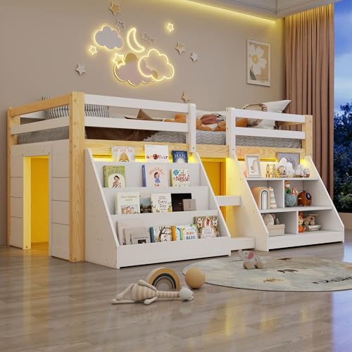 Sapgaks Lit mi Hauteur 90 x 200 cm,lit superposé Enfant Multiples rangements,lit Enfant avec Barriere lit Enfant avec Rangement,Garde-Corps, échelle,pin,Lit...