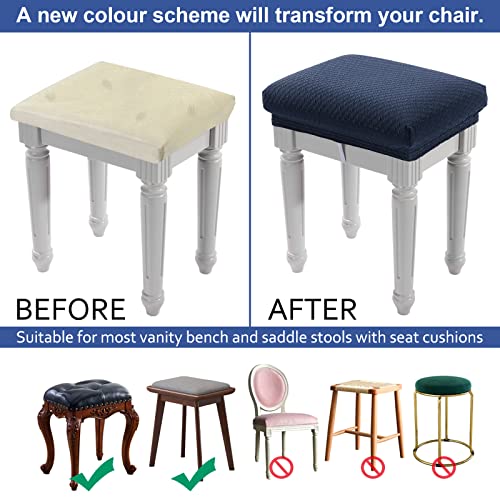 Image of 4 pcs Vanity Stool Bench Covers, Luxury Crease-Resistant Jacquard Fabric Saddle Bar Stool Slipcovers Stretch Washable, (Rectangle, 4 Counts, Navy Blue)