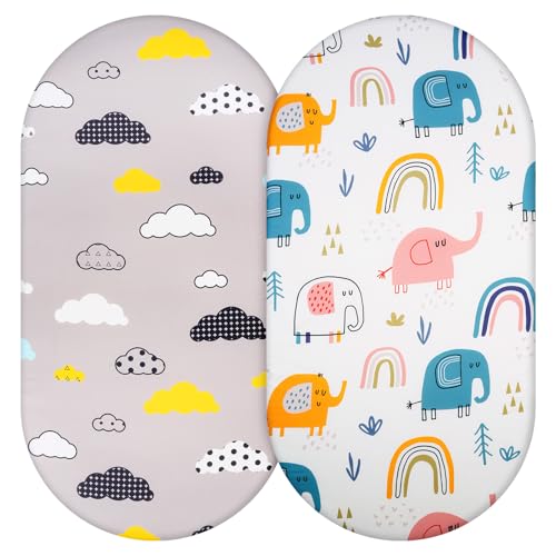 Aolso Sábanas de Jersey para cama infantil de microfibra transpirable, sábanas de cuna, 2 unidades, 84 x 41 cm, suave y ligero, adecuado para todas las formas de colchón (elefante/nube)