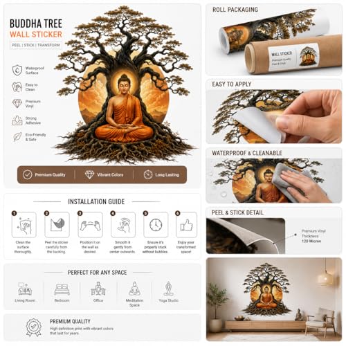 Image of Rangoli Buddha Wall Sticker Self-Adhesive 16 x 17 Inch Waterproof Wall Decor for Living Room Bedroom Office Meditation Buddha Tree Wall Decal