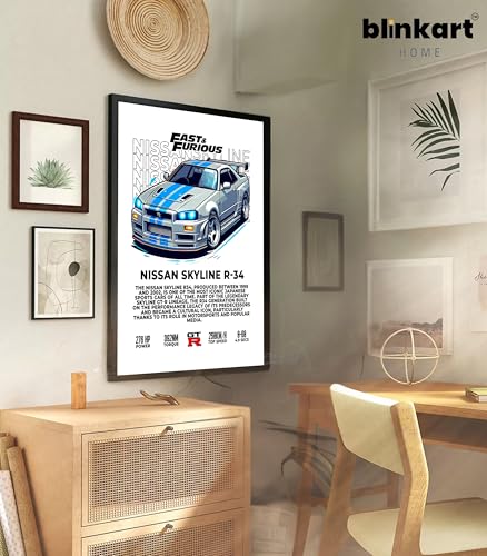 Image of BLINKART Nissan Skyline GT-R R34 CarFramed Posters Gift Items Boys Room Wall Decoration Bedroom Office Studio Synthetic Wood Frame & Acrylic Glass Ready to Hang - 18x12 Inch, (A4 Size) - CAR-266