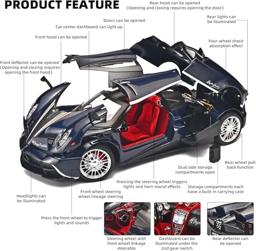 Image of LONGMIRE Pagani Huayra Dinastia 1:18 Scale Alloy Metal Pull Back Die-cast Model Car Toy with Openable Doors Light and Music for Kids and Boys