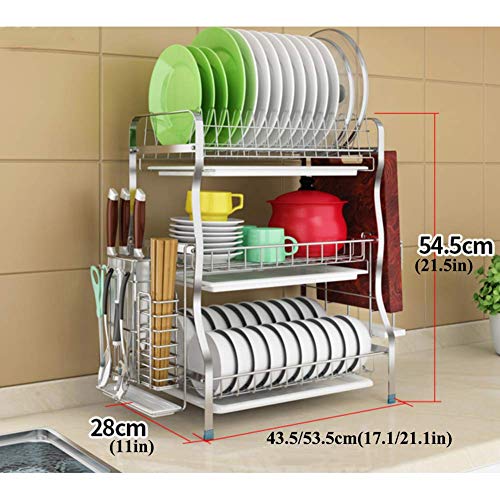 Geschirrtrockner mit Besteckhalter, 3 Tier 304 Edelstahl Geschirrkorb mit Schneidebretthalter Geschirrablauf für Theke Silber 44cm (17 Zoll)